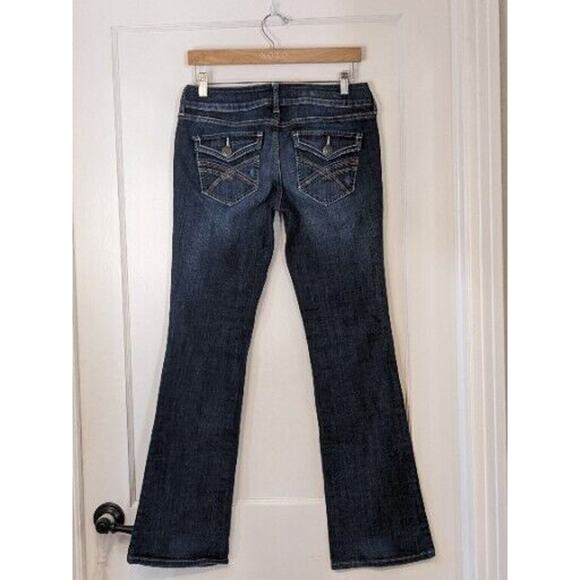 Y2K Decree Boot Cut Jeans 7 Blue Embroidered Button Pockets Distressed Cowgirl - Picture 3 of 8